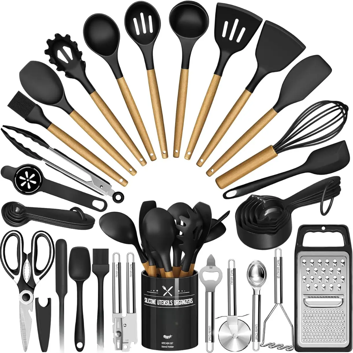 34PCS Kitchen Utensils Set- Silicone Cooking Utensils with Holder, Heat Resistant Kitchen Utensil Spatula Set for Nonstick Cookware, Black Wooden Ha