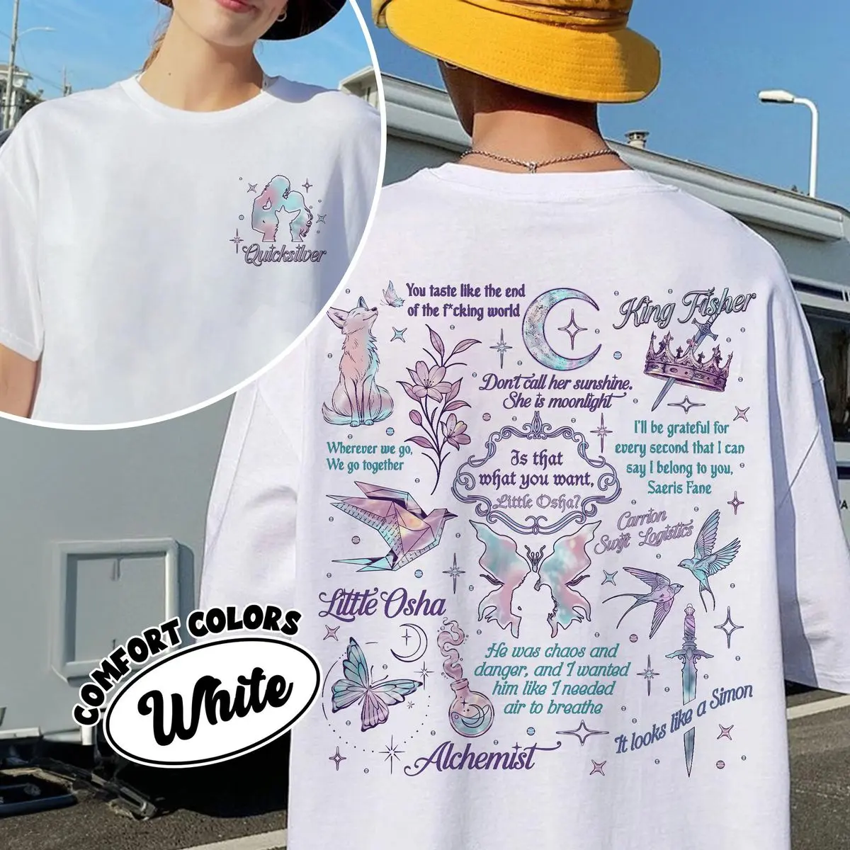 Comfort Colors Quicksilver Fantasy Romance Shirt, Kingfisher Inspired Book Lover Tee, Floral Sword Bookish Gift, Romantasy Reader, Unisex Crew Neck Top, Casual Clothing