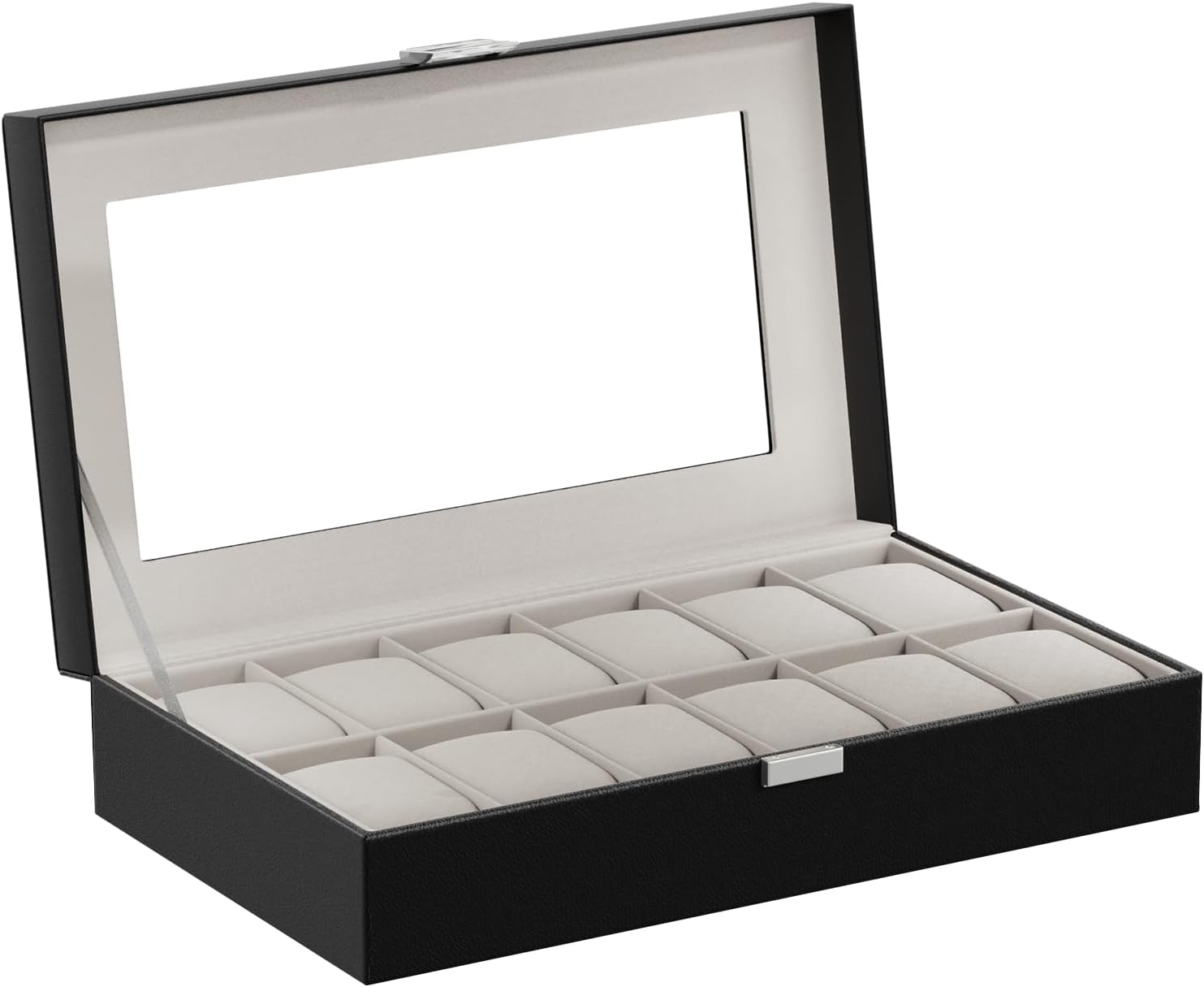 Watch Box Organizer, 12 Slot Watch Display Case With Glass Lid, Watch Storage Holder Mens Watch Case, Anniversary Birthday Valentine Gifts for Men Women -12 Slot, Black