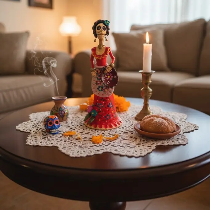 Artisan Handmade 10" Mexican Catrina Figurine - Glow in the Dark with Red Orange Dress & Decorated Mexican Plate | Día de los Muertos Collectible