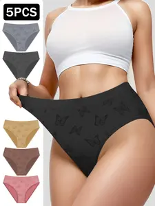 Women's Seamless Triangle Butterfly Panties, Elastic Breathable Knit Fabric, Fashion Elegant Casual Everyday Underwear, 5 Pack, All Seasons Wear
