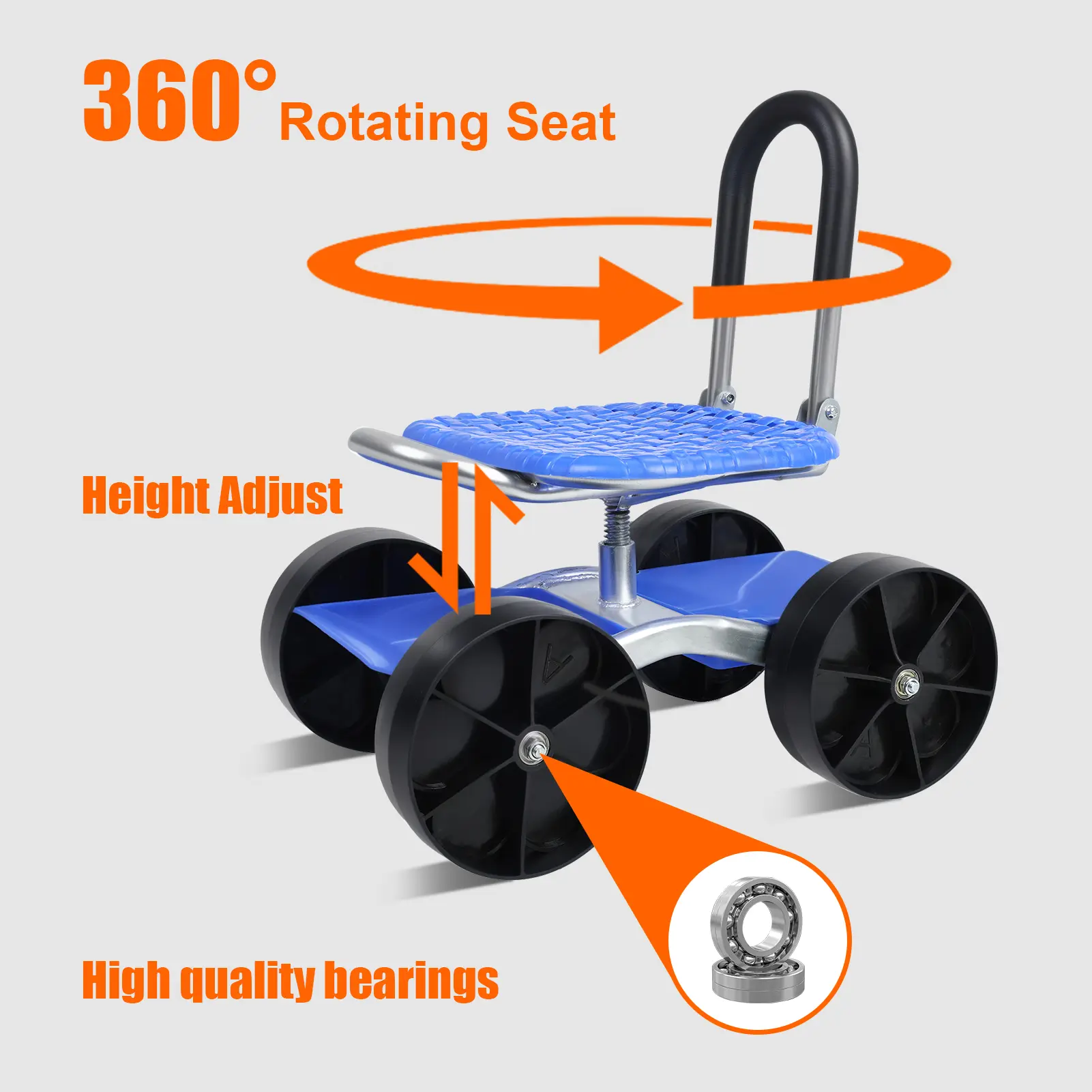 Rolling Garden Seat, Utility Garden Stool with Flat Wheels, Foldable Lazy Garden Seat Stool, Picking Rotary Tool Cart with Storage Shelf, Adjustable Height