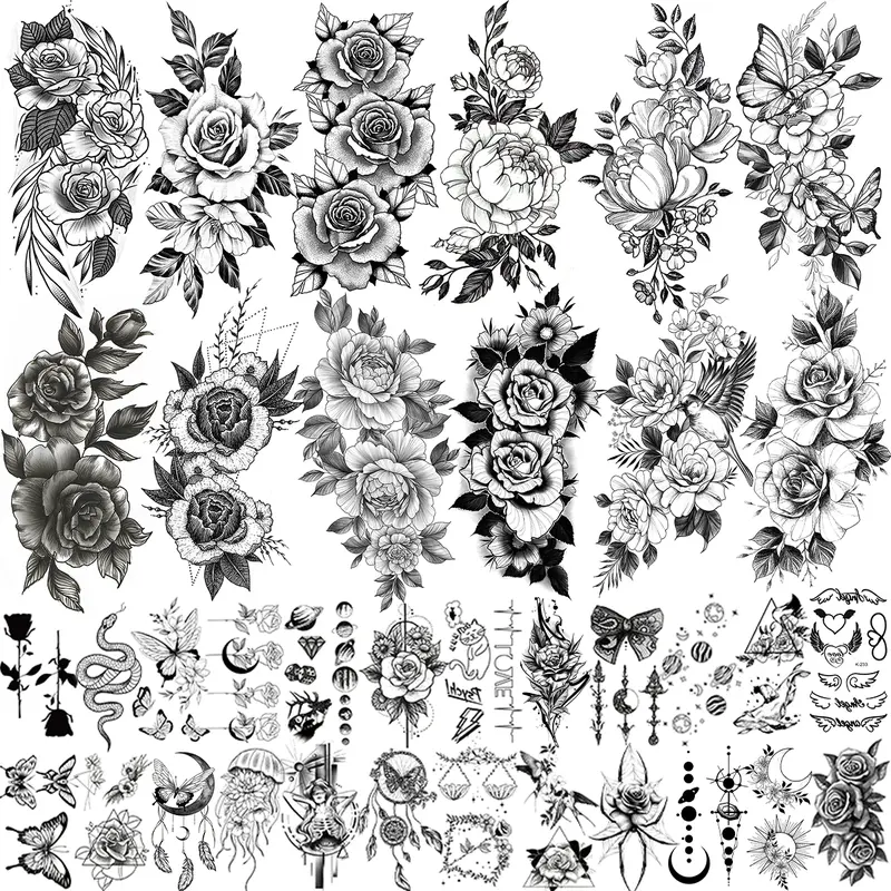 36 Sheets Long Lasting Flower Temporary Fake Tattoos For Women Arm Neck, Dream Catcher, Jellyfish Moon Rose For Adults Girl, 3D Temp Snake Tatoo Stickers Serpent Peony Floral Kids