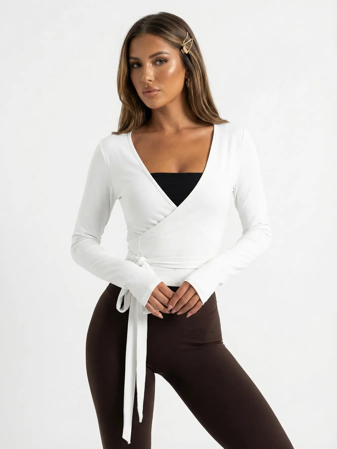Women's Knitted Plain Slim Fit Long Sleeve Top, Soft Elastic Belted Design, Casual All-Season Wear, Fashionable Simple Style, Knitting Knitwear, Womenswear