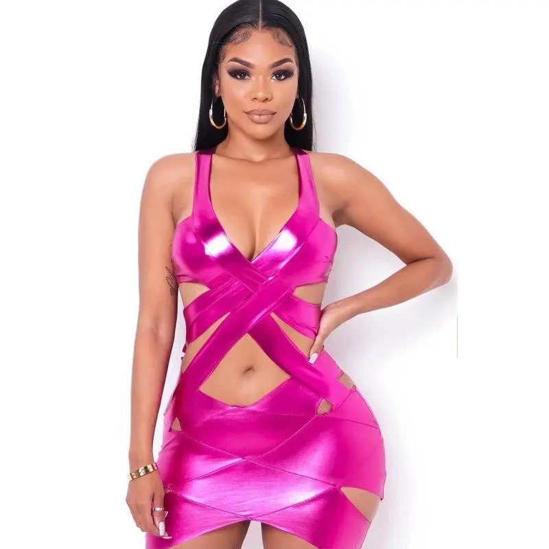 Fushia Metallic Vinyl Bodycon Dress
