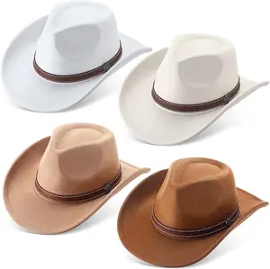 4 Pack Classic Western Cowboy Hats for Women & Men | Felt Wide Brim Cowgirl Hat with Belt Buckle Rodeo Country Costume Party Festival Ranch Style Dress Up Accessories