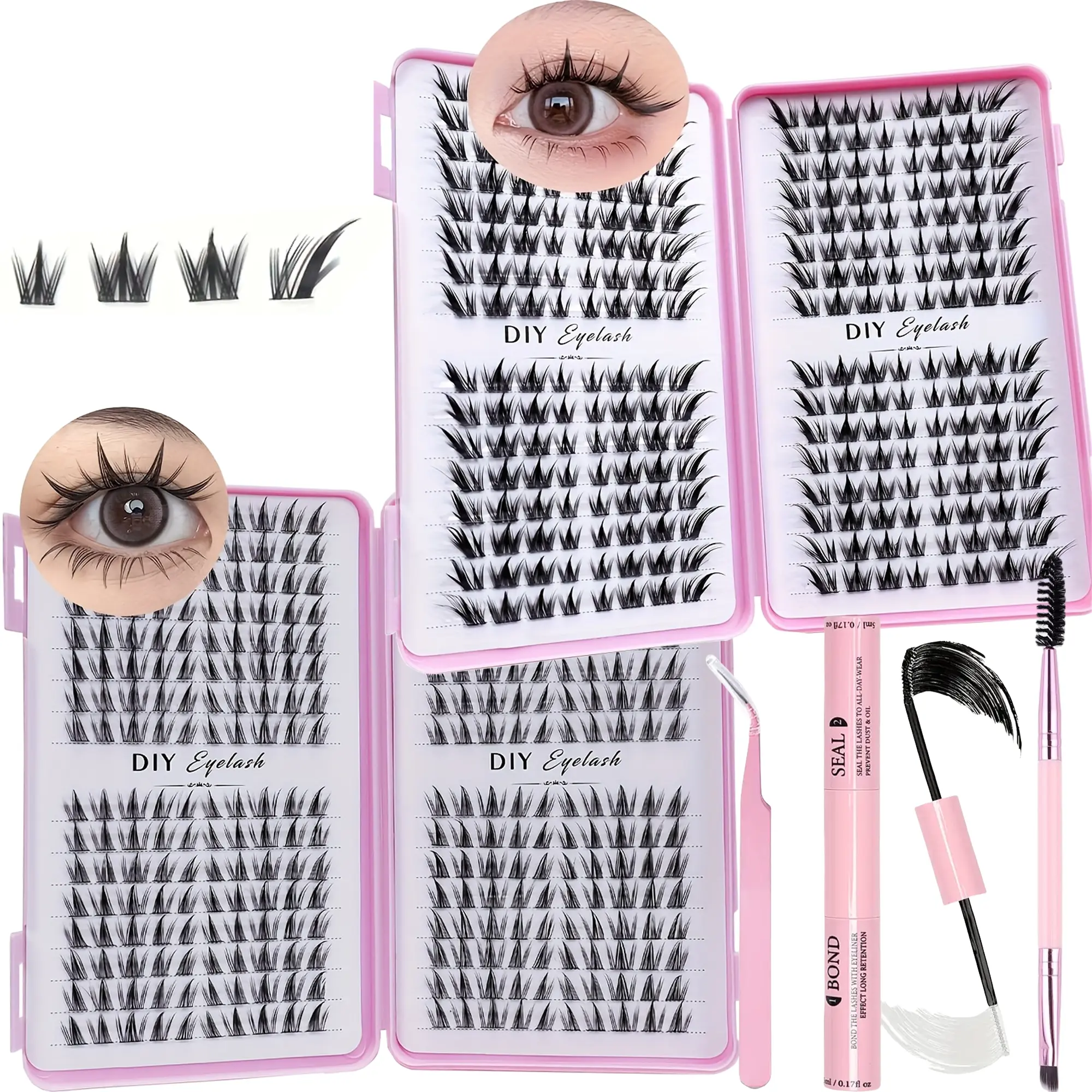 2 boxes of C curly mixed length role-playing styling anime eyelashes single false eyelash cluster kit+eyelash double head glue+eyelash clip, natural appearance anime false eyelash kit DIY eyelash extension kit, Volume Cluster Lashes