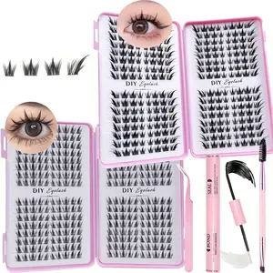 2 boxes of C curly mixed length role-playing styling anime eyelashes single false eyelash cluster kit+eyelash double head glue+eyelash clip, natural appearance anime false eyelash kit DIY eyelash extension kit, Volume Cluster Lashes