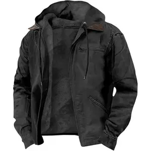 Solid Color Hooded Cotton Jacket Casual Men's Fleece Lined Zipper Pocket Jacket Coat, Menswear Tops