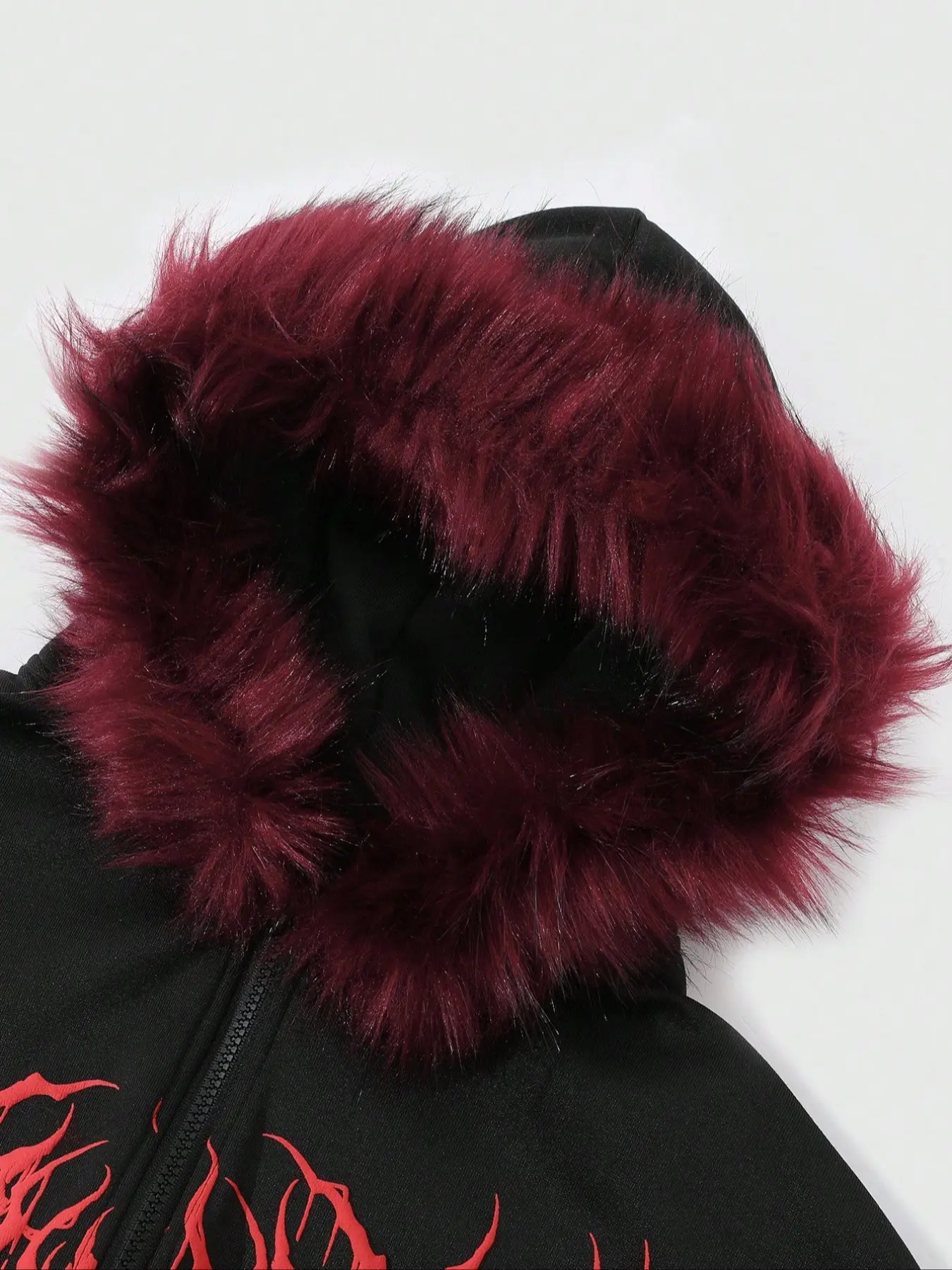 ジャケット・アウター 00s grunge velor fur fireman coat y2k Y2K Cyber Grunge Full Zip Hoodie with Red Furry Hood | Gothic