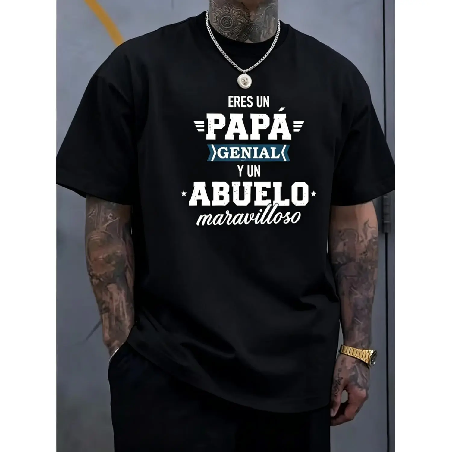 Trendy Cotton T-shirt featuring "Papa Abuelo" Print for Men Summer Casual Wear with Soft Ribbed Neck and Slight Elasticity