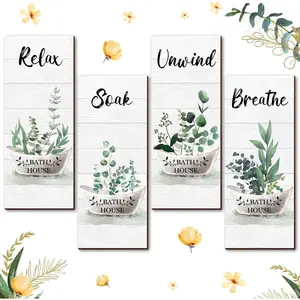 4 Pieces Green Bathroom Wall Decor Relax Soak Unwind Breathe Farmhouse Bathroom Wall Sign Wooden Green Botanical Hanging Decor for Farmhouse Home