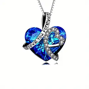 I Will Always Love You Heart Pendant Necklace with Blue Crystal Jewelry Anniversary Birthday Gift for Women initial pendant necklace daily gift jewelry  gifts Vintage Cross Pendant with Rotatable Crown