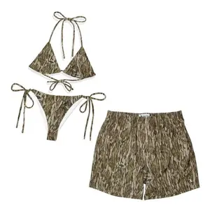 Camo Swimwear Set for Couples -Swim Bra & Tie Side Bikini + Men's Beach Shorts, Summer Vacation Swimsuit, Hawaiian Shirt Style, Aloha Beach Outfit, Casual Holiday Bathing Suits, Menswear & Womenswear