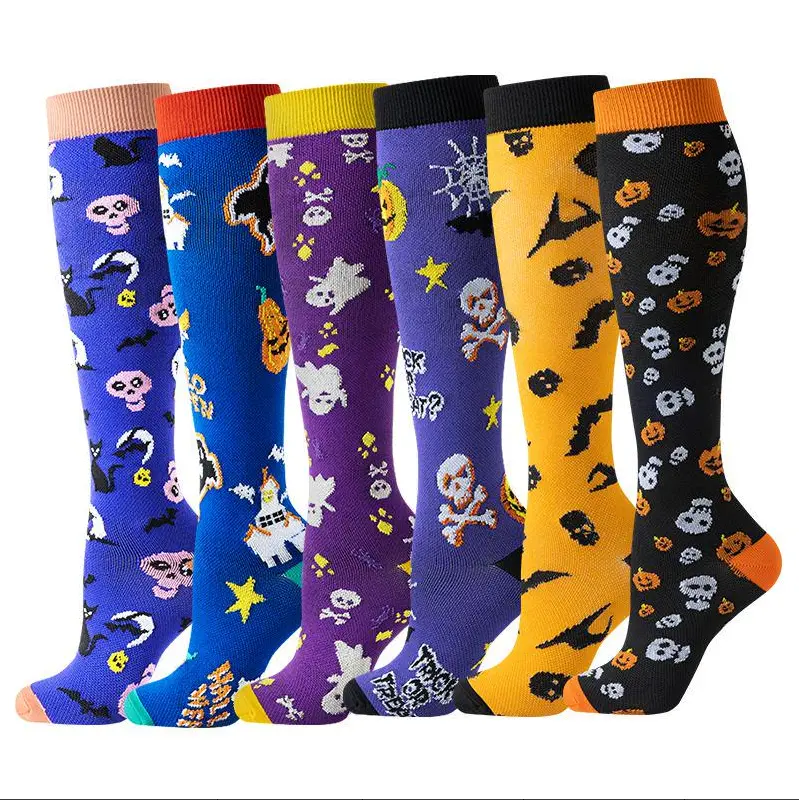 MhzyCaus 6 Pairs Women's Halloween Pattern Compression Socks, Soft Stretch Support Breathable Fit for Running Fitness, Energetic Active Lifestyle
