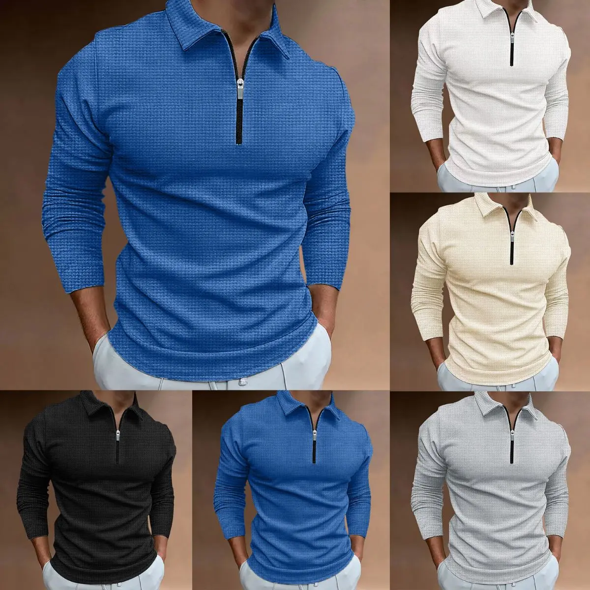 Men's Chic Long-Sleeve Waffle-Knit Zipper Polo Shirt, Polyester-Cotton Blend Fabric, Casual Plain Blue & Grey Menswear Top