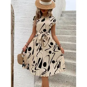 Women's All Over Print Belted Dress, Boho Pleated? Batwing Sleeve A Line Dress for Daily Holiday Vacation Wear, Ladies Dress for Summer