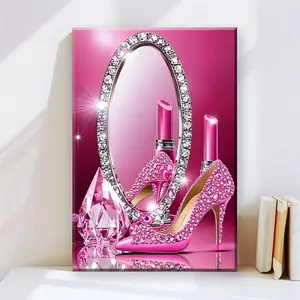 Elegant Pink High Heel Canvas Wall Art with Rhinestone Embellishments Shiny Bedroom Living Room Office Decoration Wrapped Canvas Beautiful Room Ornaments Artistic Photo Print Frameless