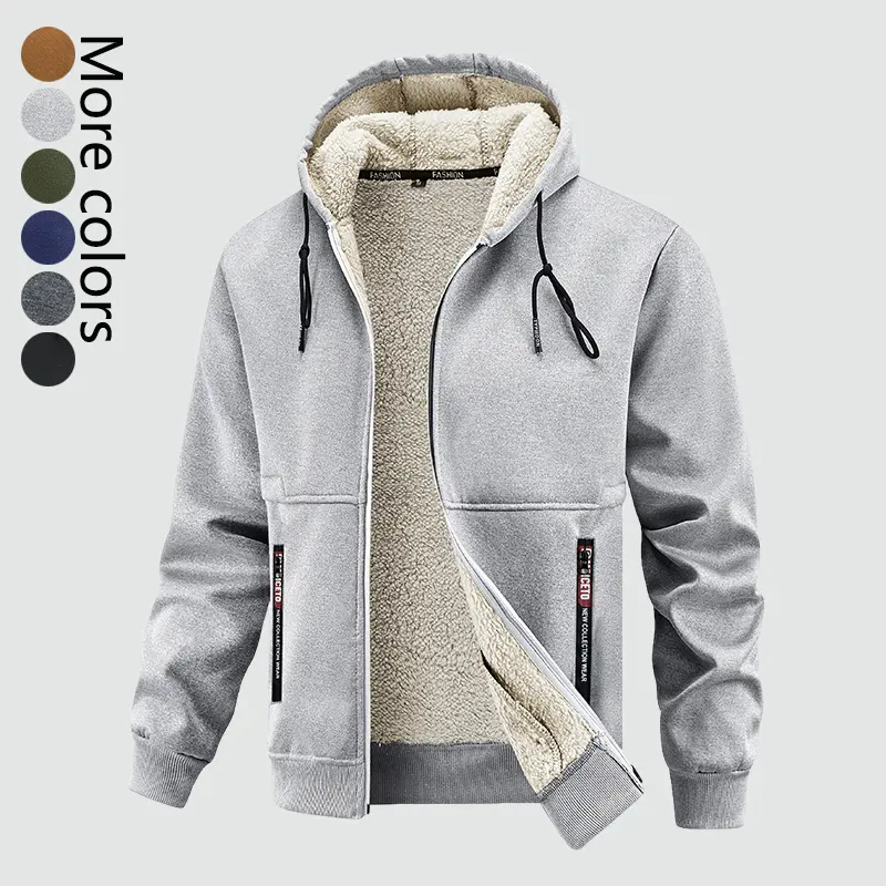 Men’s winter hooded jacket with lamb fleece lining; trucker-style jacket with multiple pockets; cotton plush long sleeves; khaki and beige jackets in fresh autumn tones for outdoor casual wear.