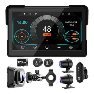 2026 LBW 7" Wireless GPS Motorcycle CarPlay(Includes 128G SD) with Android Auto Navigation, Dual 2K Dash Cam, HD Waterproof Screen, TPMS, Remote Control, BT, Quick Release Anti-Theft Design Mount