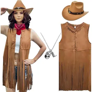 Western Cowgirl Outfits for Women Cowgirl Fringe Vest Cowboy Hat Necklace Bandana,70s Hippie Costume for Halloween