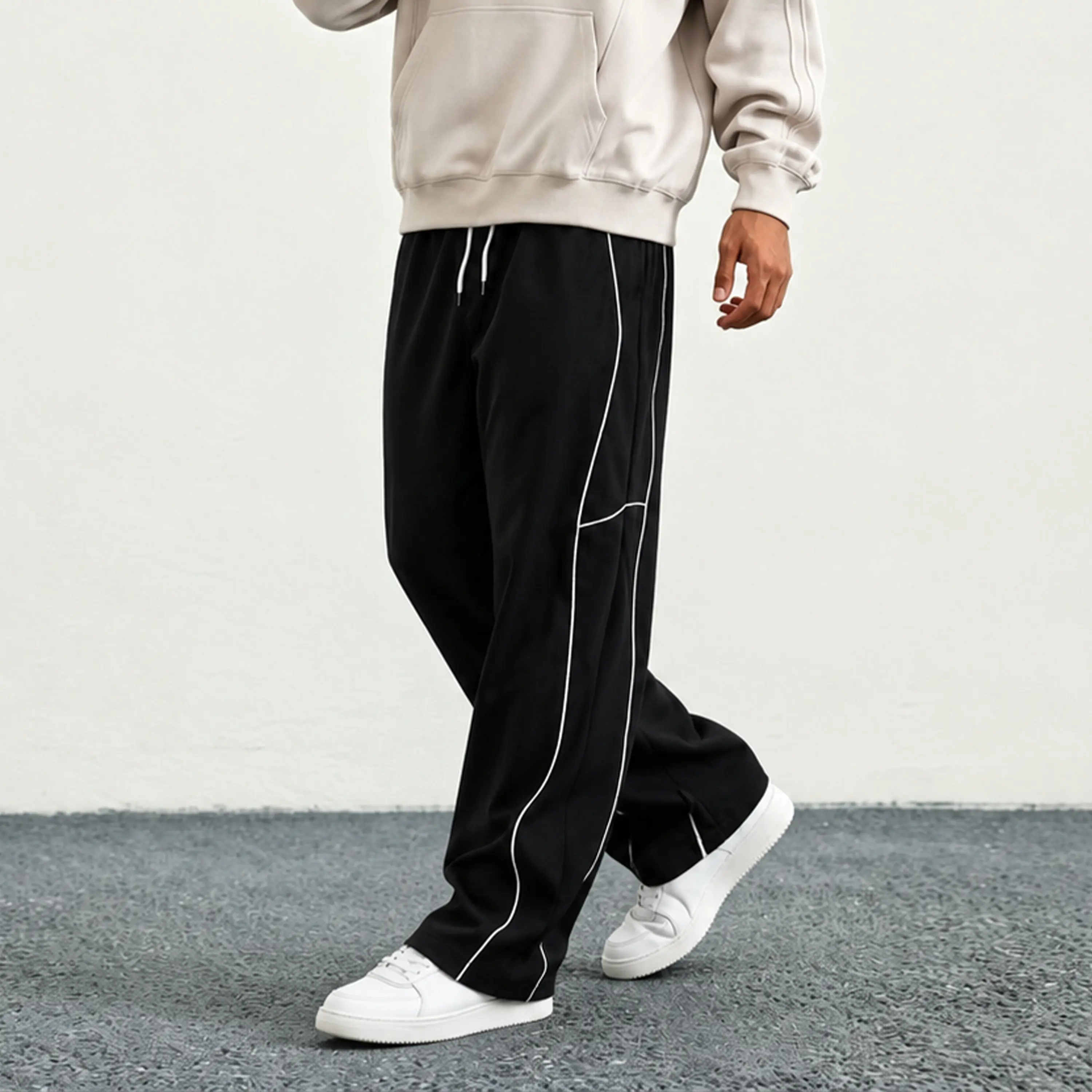 Men's Polyester Track Pants, Baggy Wide-Leg Streetwear Joggers with Side Stripe and Elastic Drawstring Waist, Streetwear Outfits, Polyester Clothes, Plain, Baggy Stripe Men's Pants, All Season, Loose Fit