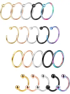 20 Pcs Diverse Color Multi-look Piercing Ring Pack for Women Men High-polish Surgical Steel Piercing Round Rings Lockable Clicker Hoops Crooked Barbells for Nose Septum Helix Lip Piercings Mild Hypoallergenic for Trendy Layered Body Jewelry Arrangements