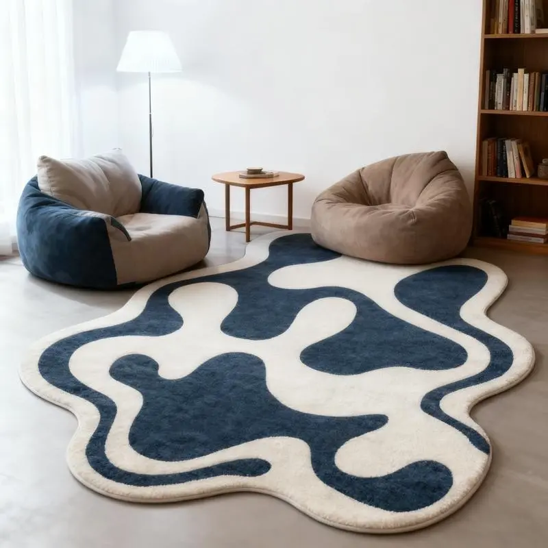 Blue Flowing Striped Irregular Carpet, Minimalist Abstract Living Room Bedroom Decor Rug, Soft Plush Foot Pad, Suitable for Game Room