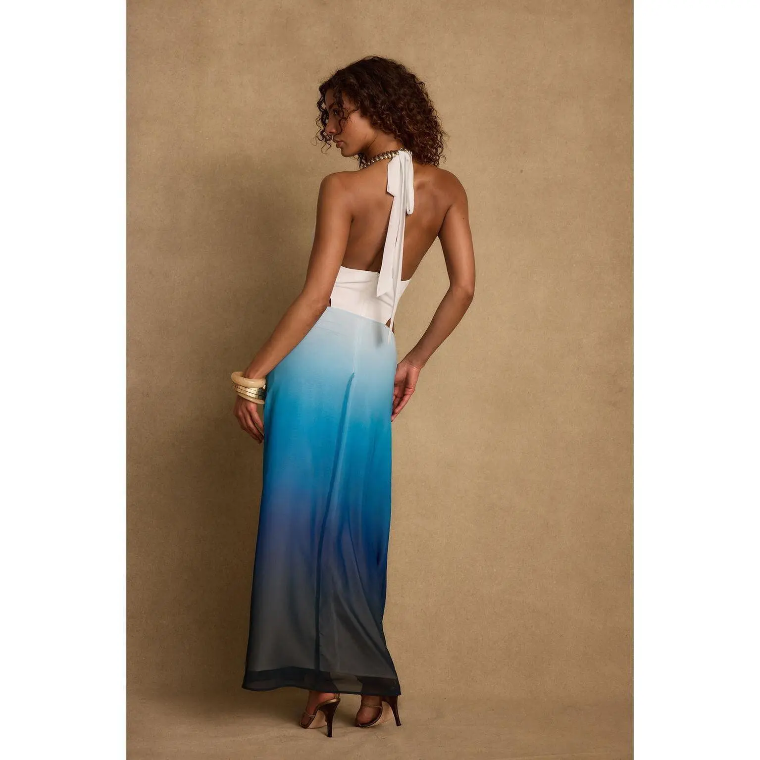blue floral formal dress Off the Shoulder Blue Floral Print Ruffled Tulle Prom Dress – FancyVestido main image 1