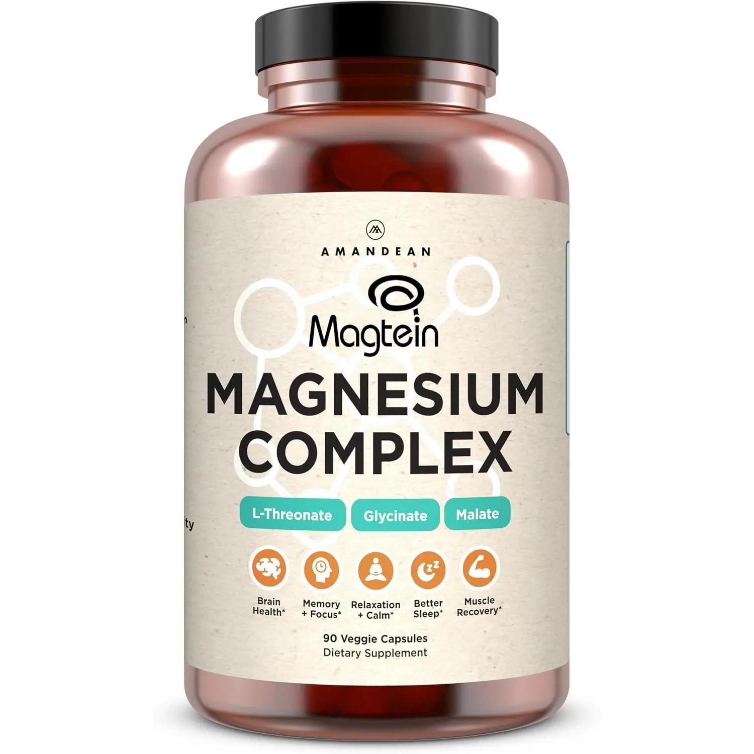 Magtein Magnesium Complex Capsules with L-Threonate, Glycinate & Malate | 270mg Elemental Magnesium Supplement for Restful Sleep, Brain Health & Stress Relief | High Absorption Triple Magnesium Formula | 90 Count
