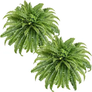 Artificial Ferns for Outdoors & Indoors, 2 Stems 45" Fake Ferns Artificial Plants Large, UV Resistant Faux Boston Fern Mixed Boxwood for Planter Porch Home Garden Windowsill Decor, Potted / Hanging