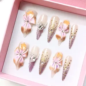 Long Stiletto Fake Nail Tips, 10pcs/set Press on Nails with Nail File & Tape & Stick, DIY Elegant Luxury Design Fake Nail Kit for Women & Girls, Nail Extension Set