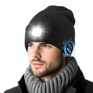 Bluetooth Beanie with LED Headlamp, Unisex USB Rechargeable Flashlight Hat with Wireless Headphones, Lightweight Warm Balaclava Skull Cap for Night Running, Hiking, Cycling, Holiday Gifts