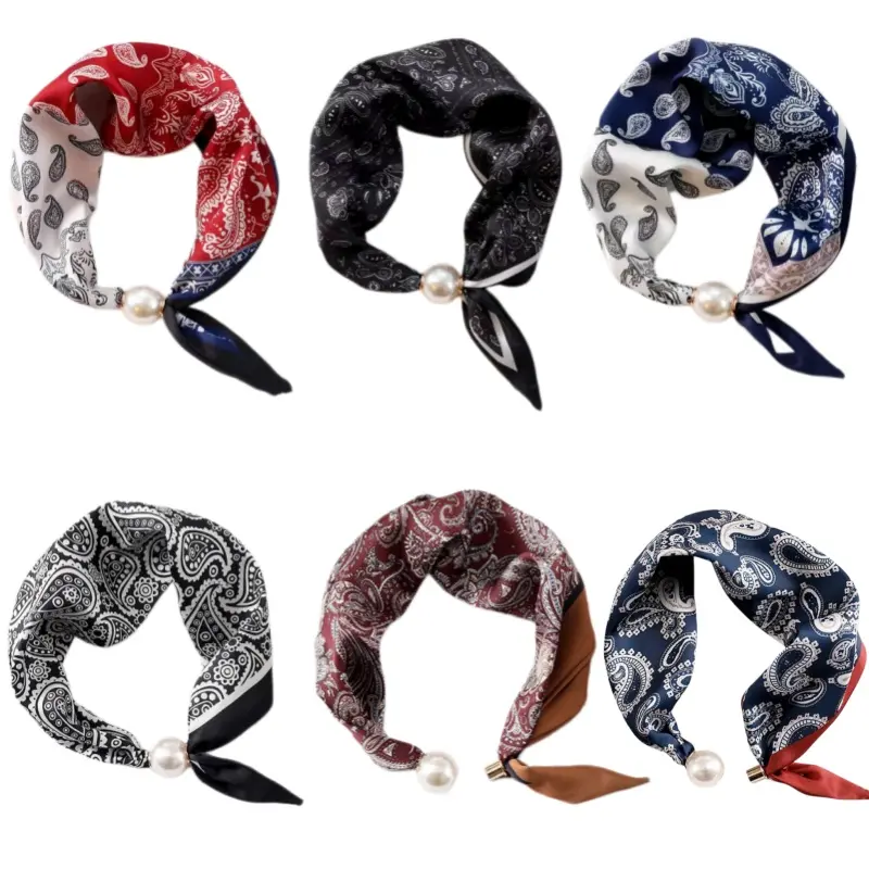 6-Piece Scarf Set in Elegant Paisley Satin, Unisex Multi-Color Square Neck Bandana Shape with Pearl Buckle, Daily Wear, Clothes, Casual