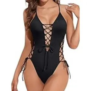 Women Sexy Lace Up One Piece Swimsuit Deep Plunge V Neck Bathing Suits Tummy Control Swimwear with Moderate Coverage Bottom Slimming Swimming Gear