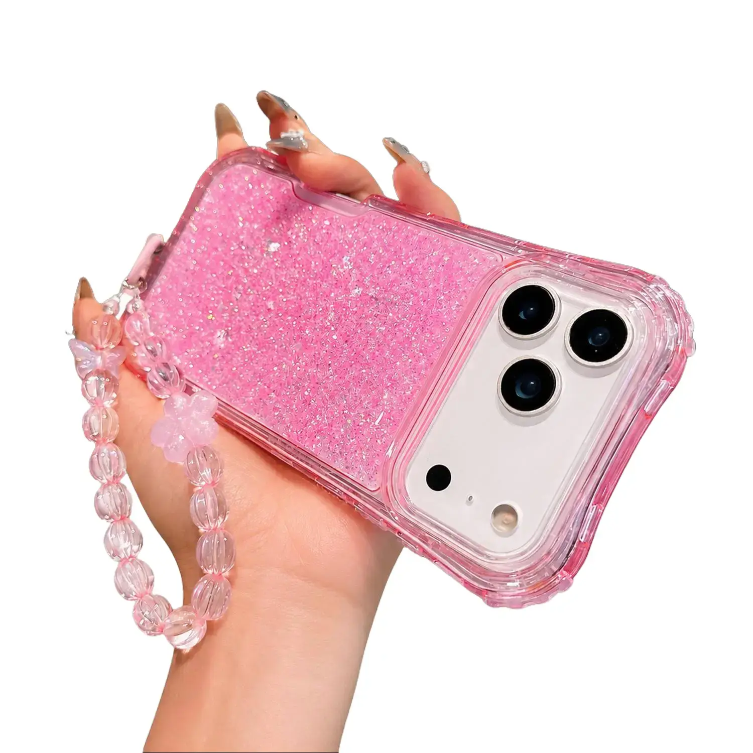 3 IN 1 Glitter Bling Case for iPhone 17 16 15 14 13 Pro Max, with Beads Bracelet Wrist, Four Corner Air Protection Shockproof Bumper Defender Case for Women Girls