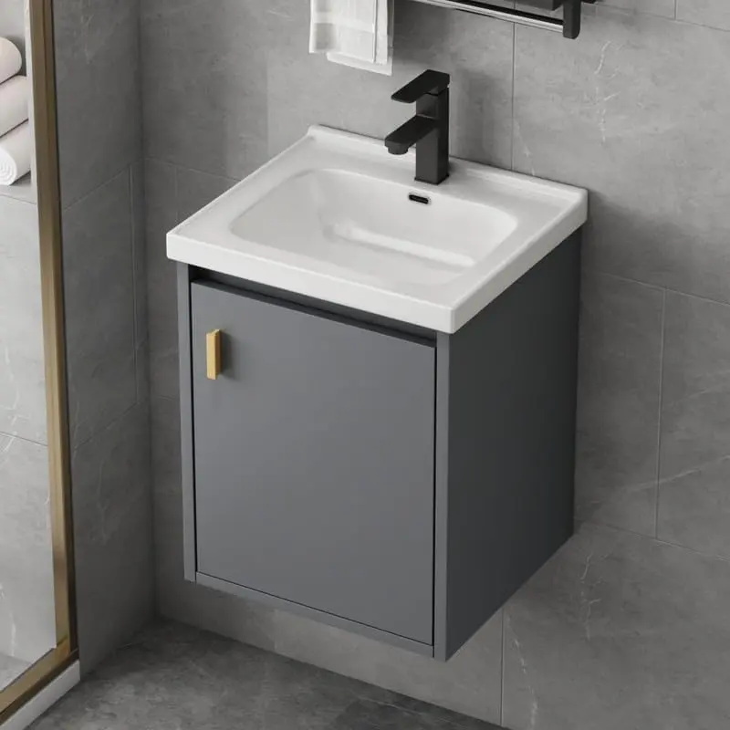 16'' Square Lightweight Eco-Friendly Modern Wall-Mounted Small Bathroom Vanity with Ceramic Built-In Sink Combo, Soft-Close Door Floating Cabinet, Pop-Up Drain, P-Trap Included, Gray (No Faucet), Built-In Sink Wall Cabinets