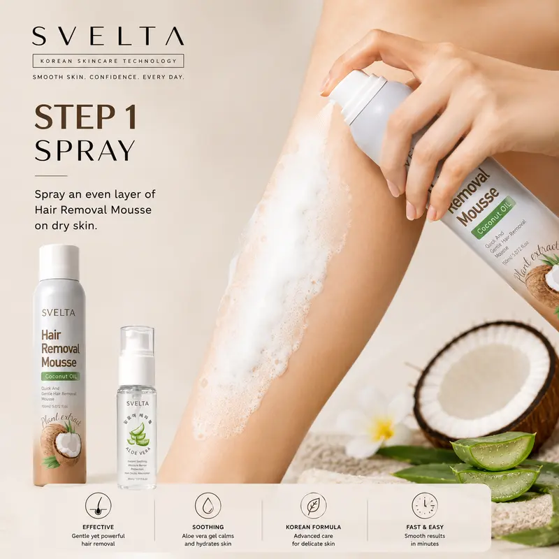 Step one: applying SVELTA hair removal mousse to a leg