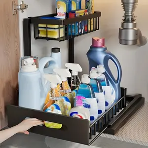1 Piece Double-Layer Pull-Out Sink Cabinet, Carbon Steel Multi-Purpose Kitchen and Bath Storage Rack, Spice Rack, Medicine Cabinet, Cosmetics Shelf - Black/White, Bathroom Organizer