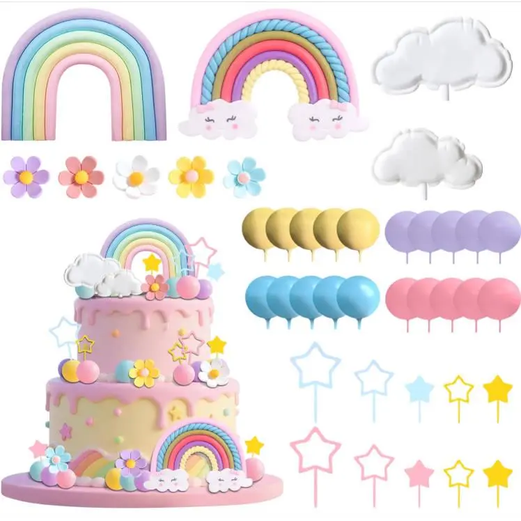 39Pcs Boho Cake Topper Flower Cake Decorations Wedding Party Supplies Rainbow Cake Topper - Home Improvement.