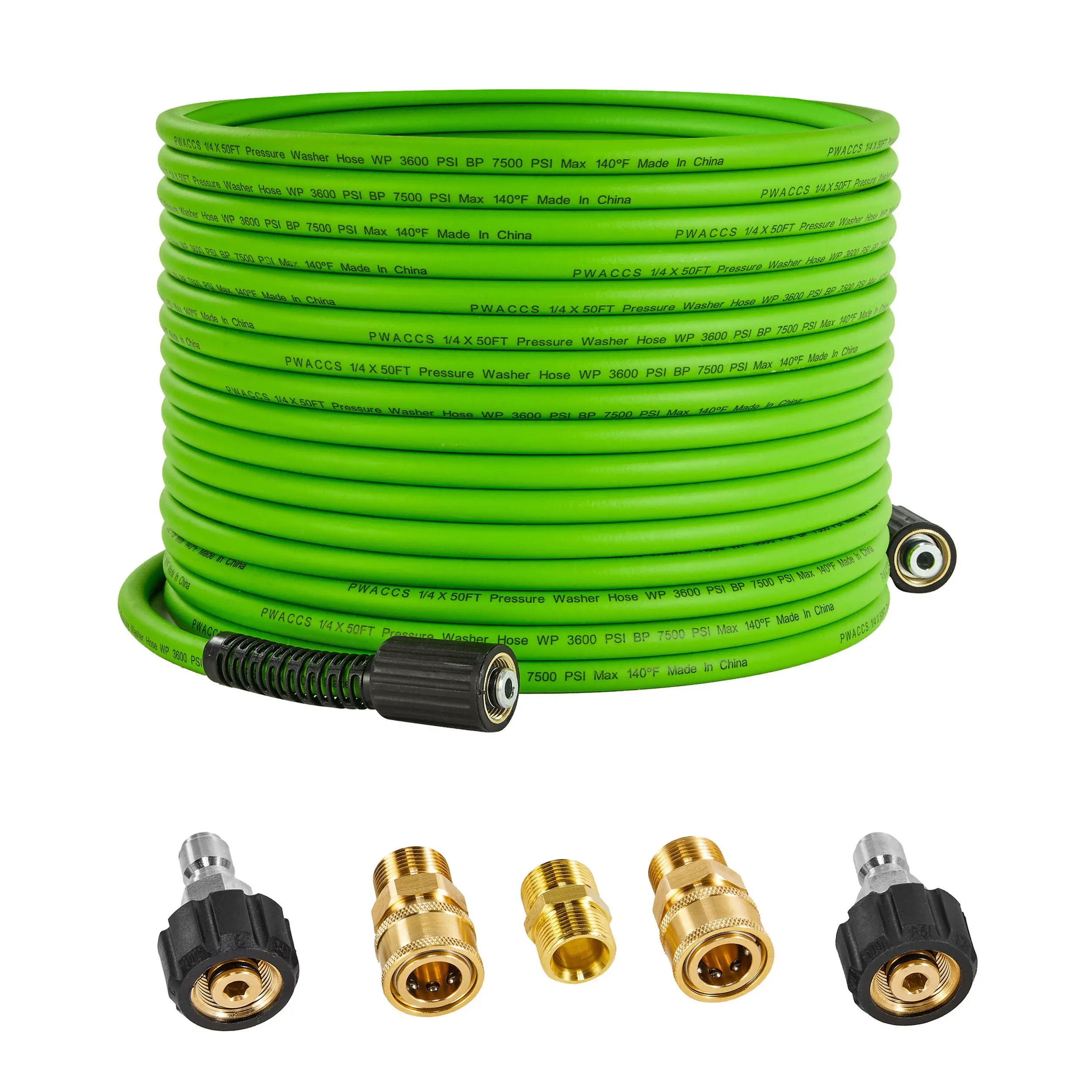 PWACCS 50 FT Pressure Washer Hose Replacement, 1/4" 3600 PSI Max Kink-Resistant Polyurethane Braid Hose with M22 Fittings, Quick-Disconnect Adapters Kit