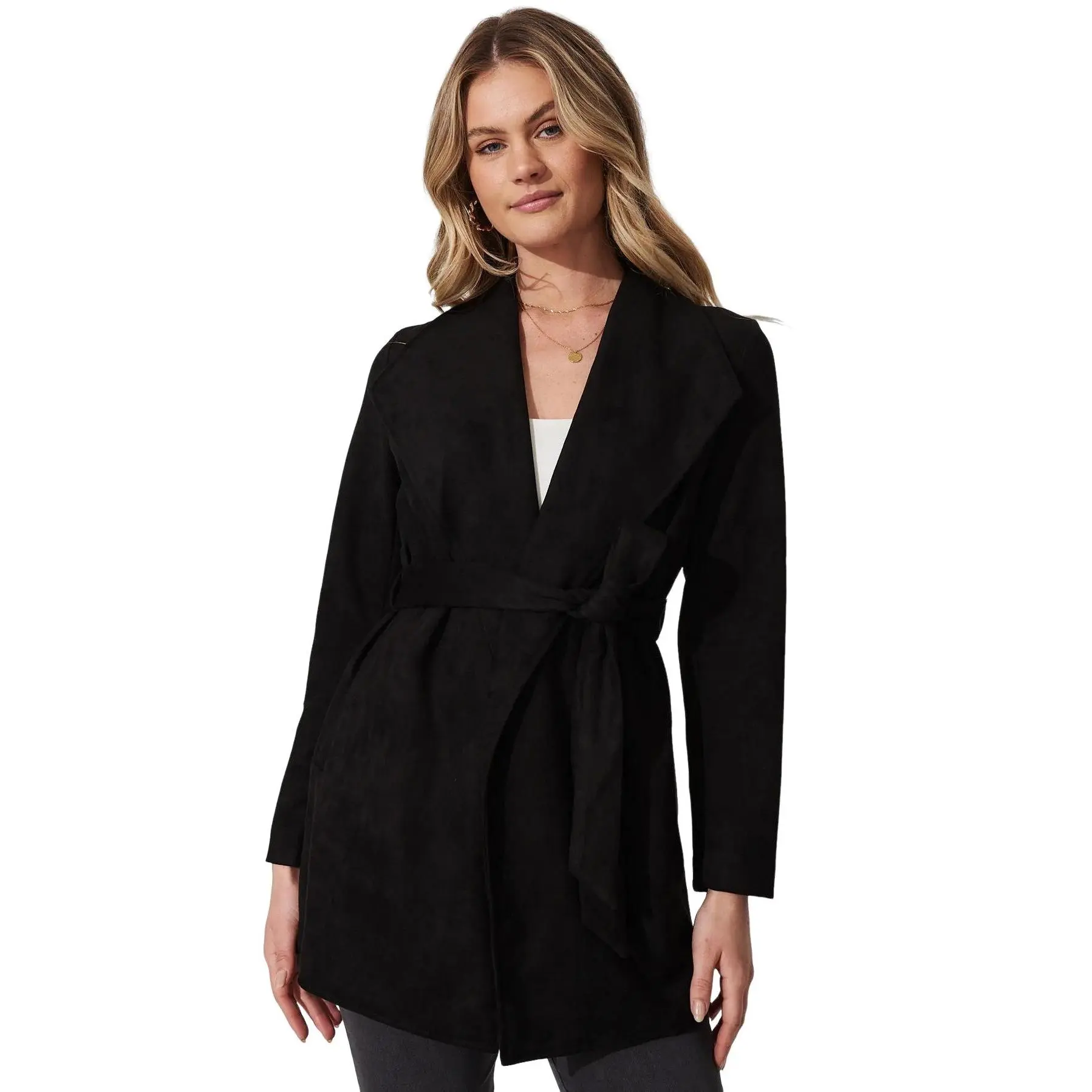YESFASHION Women's Faux Suede Waterfall Lapel Jacket - Long Sleeve, Detachable Waist Belt, Belted Waist, Mid-Length, Open Front Casual Coat, Polyester Blend (95% Polyester, 5% Elastane), Multi-Size, Cold Wash XYZ