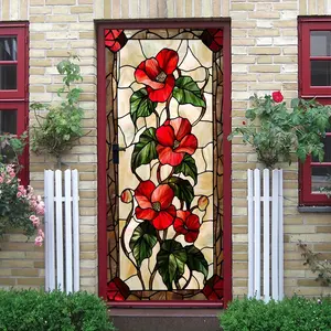 2pcs Vintage Stained Glass Style Wall Sticker with Red Begonia Flower Design, Retro Painted Glass Art Decoration, Self Adhesive Removable Vinyl Decal for Living Room Bedroom Wall Decor, Adds Artisti, Floral Pattern Sticker