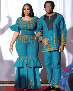 Matching Ankara Outfit – Elegant Blue and Orange Accent Couple Set