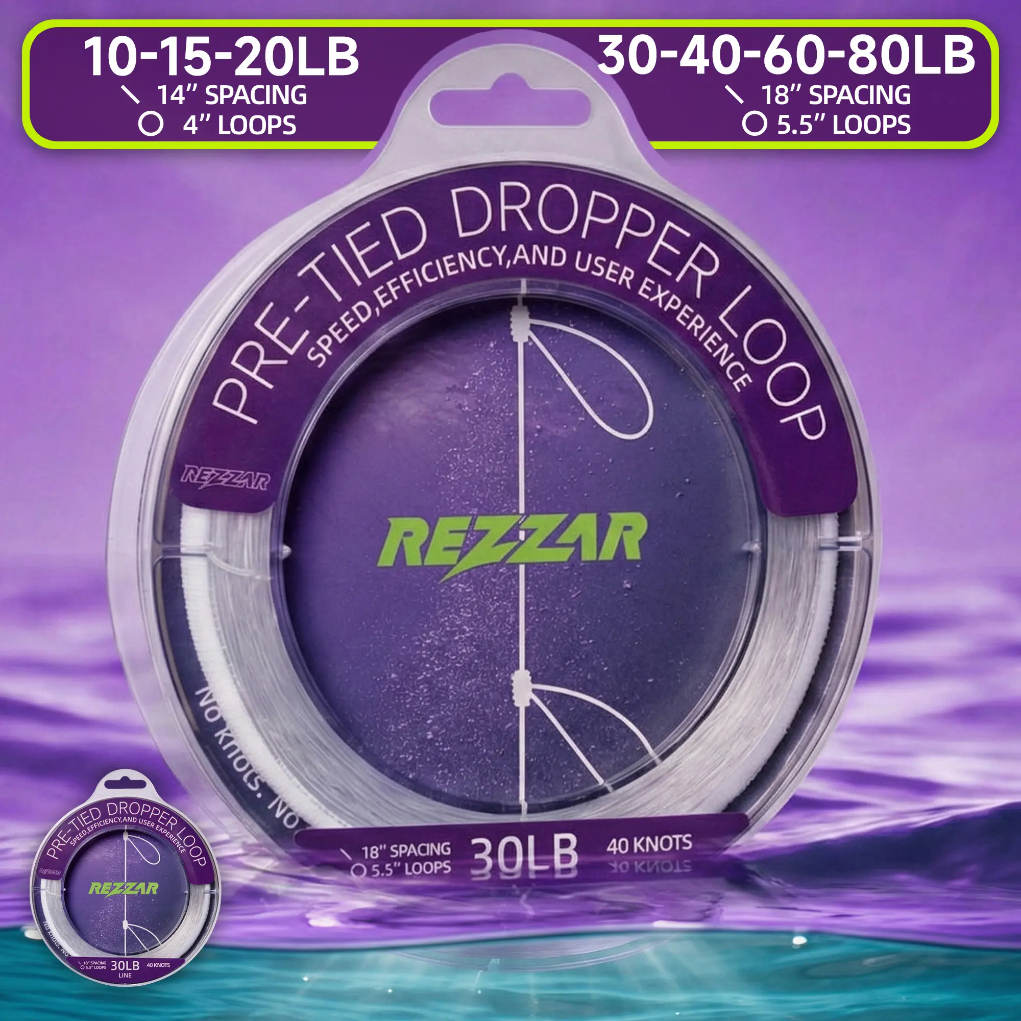 REZZAR Pre-Tied Dropper Loop Fishing Rig Spool, Bottom Fishing Design, 14"/18" Spacing, 10LB-80LB Test for Pier, Boat Use, Pre-Tied Loops, Fishing Gear Supplies, Outdoor Fishing Supplies