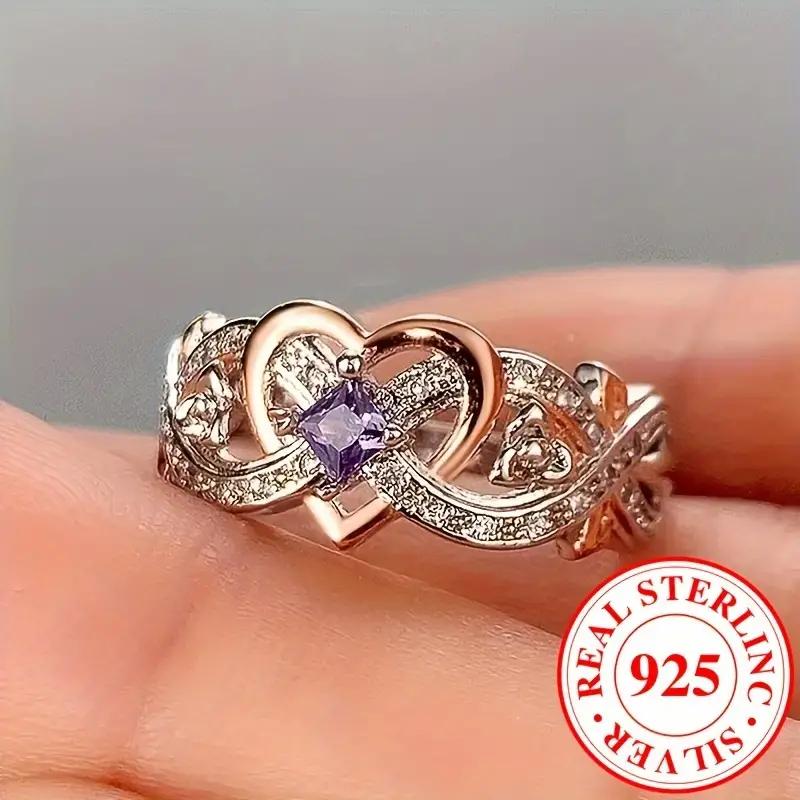 Elegant 925 Sterling Silver Infinity Heart Ring With Purple zirconia Anniversary Engagement Wedding Band, 0.1oz Ring Gift