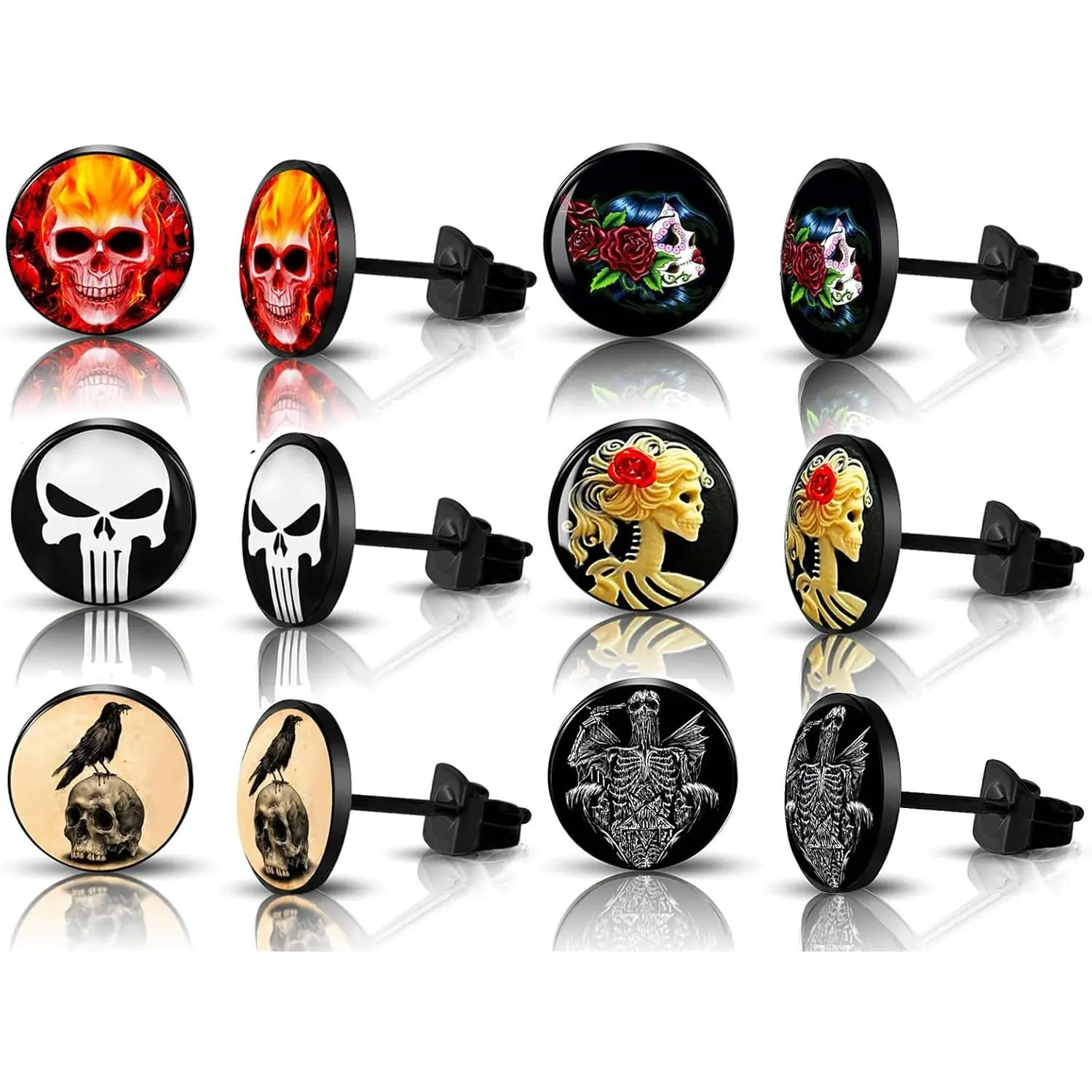 6Pairs Skull  Punk Rock Stud Earrings Mens Earrings Set  Surgical Stainless Steel Round Circle Button Stud  Earrings 10MM