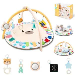 Baby Gym Play Mat, Large Thick Mat with 5 Sensory Zones, 4-in-1 Tummy Time for Infants 0-18M,Convertible Gym Mat with Toys