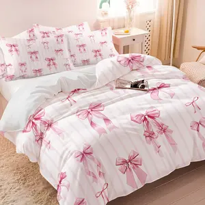 2/3Pcs Coquette Pink Bow Stripe Duvet Cover Set, Sweet Ribbon Print Comforter Cover, Soft Microfiber Pastel Pink Bedding Set with Pillowcases, No Filler, For Teen Girls Bedroom Dorm Decor, Great Birthday Gift for Her