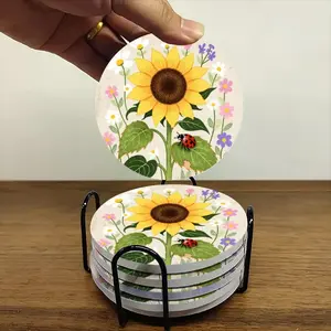 6-piece ceramic coaster/cup holder set with sunflower and garden insect design. Heat-resistant, non-slip beverage mats suitable for home and restaurant table decorations. A perfect housewarming gift.
